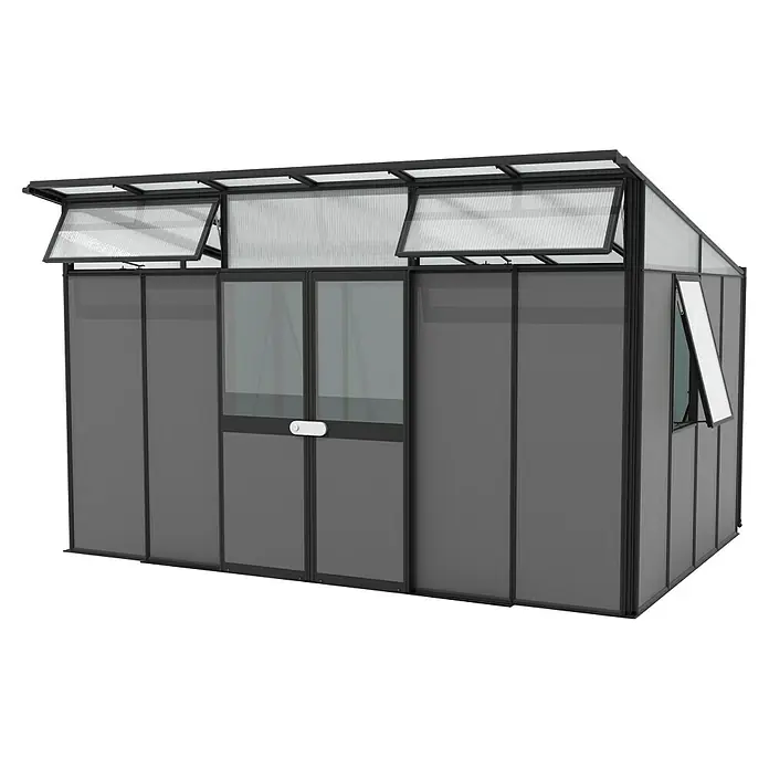 Vitavia Gerätehaus - Außenmaß inkl. Dachüberstand (B x T): 392,8 x 295 cm, Aluminium, Schwarz/Anthrazit - Bild eines modernen Gewächshauses in Grau mit transparenten Fenstern und Oberlichtern, ideal für den Garten.