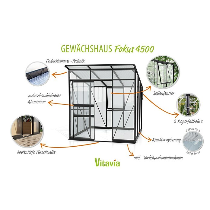 Vitavia Gewächshaus Fokus Glas (Material Seitenwand: Glas, Außenmaß inkl. Dachüberstand (B x T): 2 294 x 1 958 cm, Schwarz) | BAUHAUS