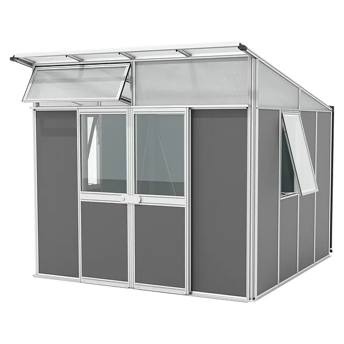 Vitavia Gerätehaus - Außenmaß inkl. Dachüberstand (B x T): 267 x 295 cm, Aluminium, Alu/Anthrazit - Das Bild zeigt ein Gewächshaus mit einem silbernen Rahmen und grauen Paneelen. Es hat ein aufklappbares Fenster und ein Schiebefenster.