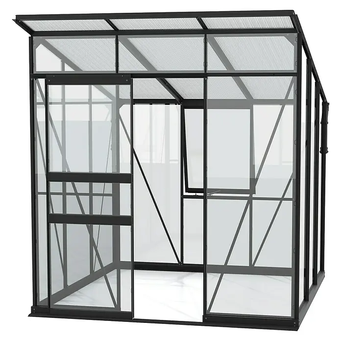 Vitavia Gewächshaus Fokus Glas - Material Seitenwand: Glas, Außenmaß inkl. Dachüberstand (B x T): 2.294 x 1.958 cm, Schwarz - Das Bild zeigt ein modernes Gewächshaus mit Glasscheiben und einem schwarzen Rahmen. Es hat eine Schiebetür und ein Fenster zum Öffnen.