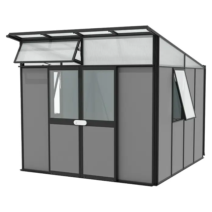 Vitavia Gerätehaus - Außenmaß inkl. Dachüberstand (B x T): 267 x 295 cm, Aluminium, Schwarz/Anthrazit - Das Bild zeigt ein Gewächshaus mit geöffneten Fenstern und Türen, um die Belüftung zu ermöglichen. Ideal für den Garten.