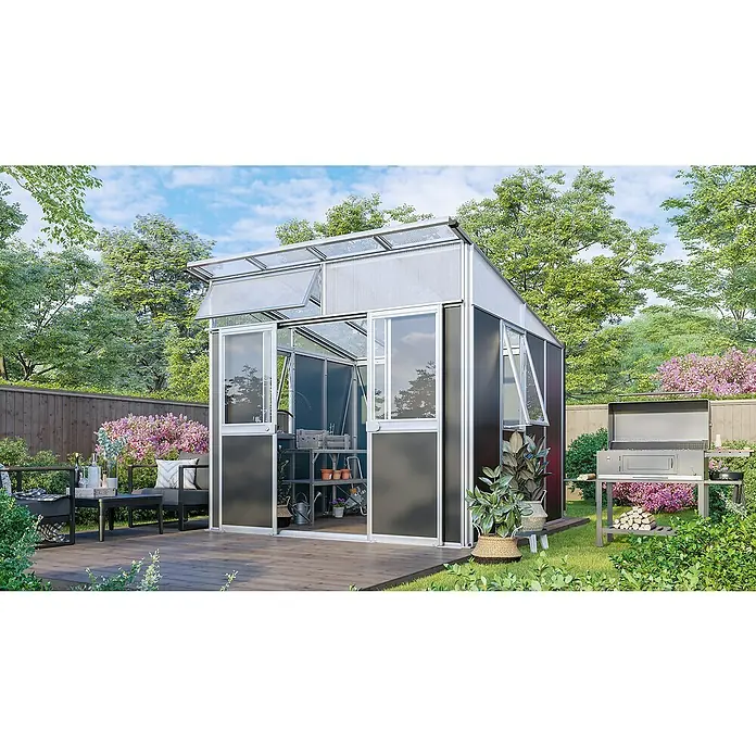 Vitavia Gerätehaus - Außenmaß inkl. Dachüberstand (B x T): 267 x 295 cm, Aluminium, Alu/Anthrazit - Das Gewächshaus im Garten.