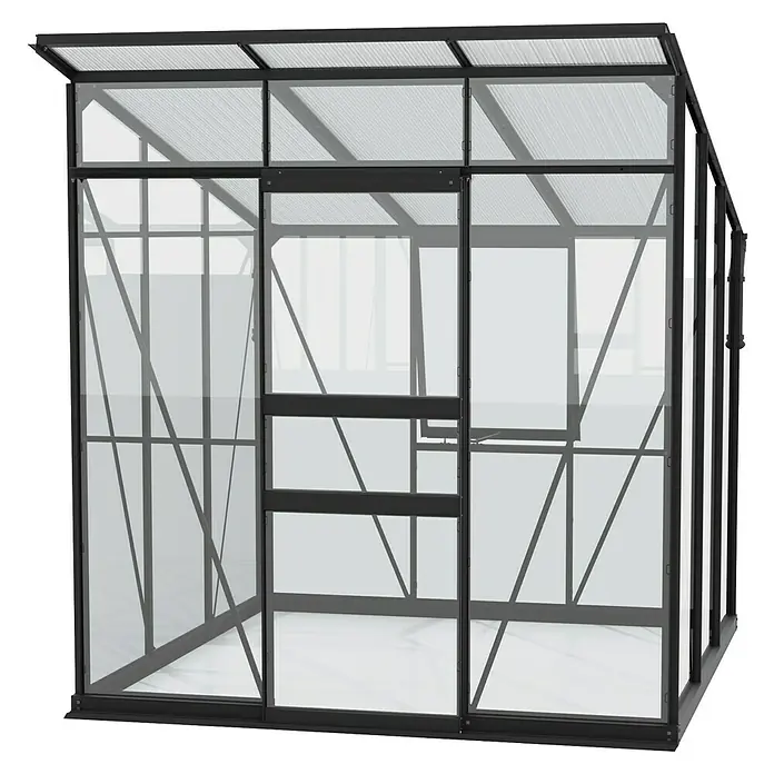 Vitavia Gewächshaus Fokus Glas - Material Seitenwand: Glas, Außenmaß inkl. Dachüberstand (B x T): 2.294 x 1.958 cm, Schwarz - Abbildung eines Gewächshauses mit transparenten Wänden und einem robusten Rahmen. Ideal für den Anbau von Pflanzen.