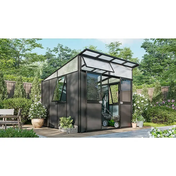 Vitavia Gerätehaus - Außenmaß inkl. Dachüberstand (B x T): 267 x 295 cm, Aluminium, Schwarz/Anthrazit - Ein modernes Gewächshaus mit geöffneten Fenstern und Tür, umgeben von üppigem Grün. Es bietet einen stilvollen Raum für Gartenarbeit.