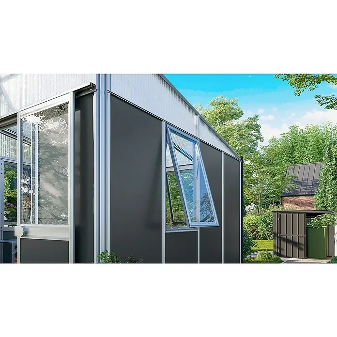 Vitavia Gerätehaus - Außenmaß inkl. Dachüberstand (B x T): 267 x 295 cm, Aluminium, Alu/Anthrazit - Nahaufnahme eines modernen Gewächshauses mit geöffnetem Fenster zur Belüftung. Das Gewächshaus bietet viel Platz für Pflanzen.