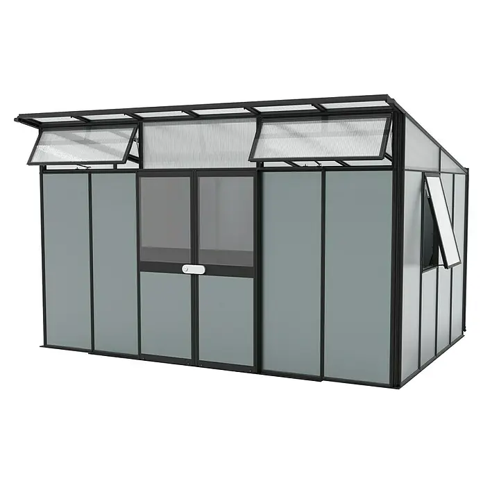Vitavia Gerätehaus - Außenmaß inkl. Dachüberstand (B x T): 392,8 x 295 cm, Aluminium, Schwarz - Ein modernes Gewächshaus mit grauen Paneelen und schwarzen Rahmen, inklusive Dachfenster für optimale Belüftung.