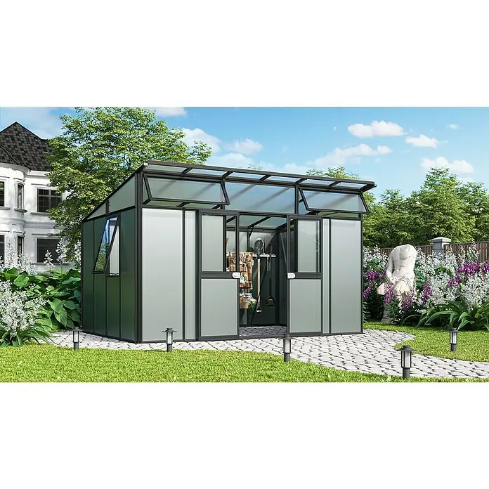 Vitavia Gerätehaus - Außenmaß inkl. Dachüberstand (B x T): 392,8 x 295 cm, Aluminium, Schwarz - Ein modernes Gewächshaus mit geöffneten Fenstern und Türen, umgeben von einem Garten.