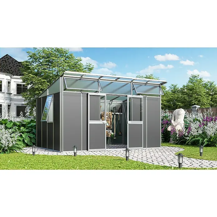 Vitavia Gerätehaus - Außenmaß inkl. Dachüberstand (B x T): 392,8 x 295 cm, Aluminium, Alu/Anthrazit - Geräumiges Gartenhaus mit Schiebetüren und Oberlichtern, ideal für die Aufbewahrung von Gartengeräten und Pflanzenzubehör.