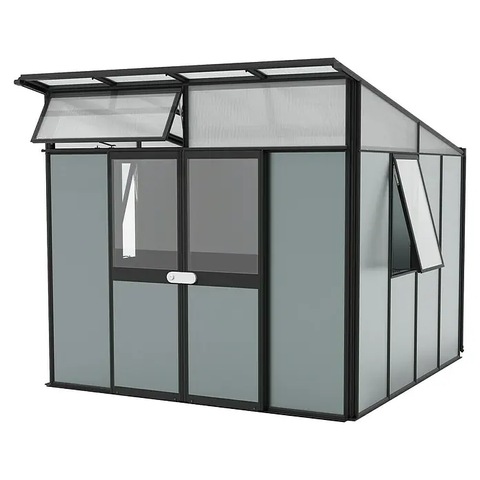 Vitavia Gerätehaus - Außenmaß inkl. Dachüberstand (B x T): 267 x 295 cm, Aluminium, Schwarz - Nahaufnahme eines Gewächshauses mit schwarzen Rahmen und grauen Paneelen, das ein ideales Umfeld für Pflanzenwachstum bietet.