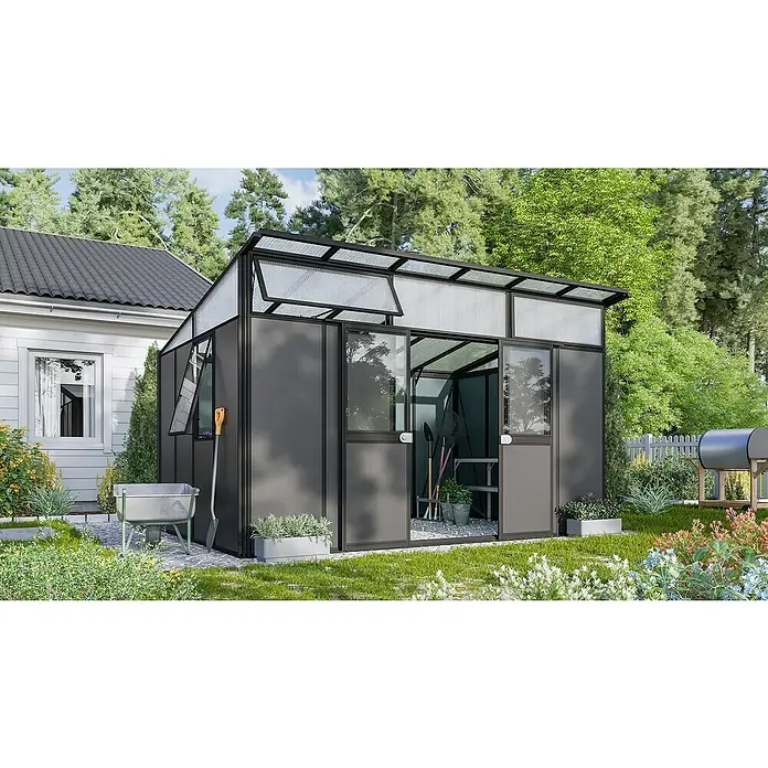Vitavia Gerätehaus - Außenmaß inkl. Dachüberstand (B x T): 392,8 x 295 cm, Aluminium, Schwarz/Anthrazit - Ein modernes Gewächshaus mit schwarzem Rahmen und transparenten Paneelen fügt sich nahtlos in den Garten ein und bietet optimalen Schutz.