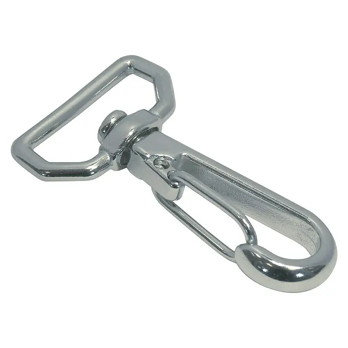 Marinetech Karabinerhaken - L x B x H: 10 x 37 x 65 mm, Edelstahl, A4 - Das Bild zeigt einen silberfarbenen Karabinerhaken mit einem drehbaren rechteckigen Bügel, ideal für Taschen und Gürtel.