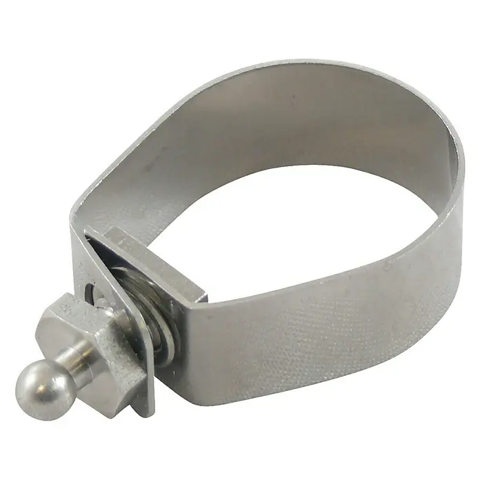 Marinetech Abrazadera para tubo - Para diámetro de tubo: 22 mm, Acero inoxidable, Clase de acero: A2 - Imagen del producto de una abrazadera de horquilla metálica con rótula, perfecta para asegurar tuberías. Ideal para una fácil instalación.