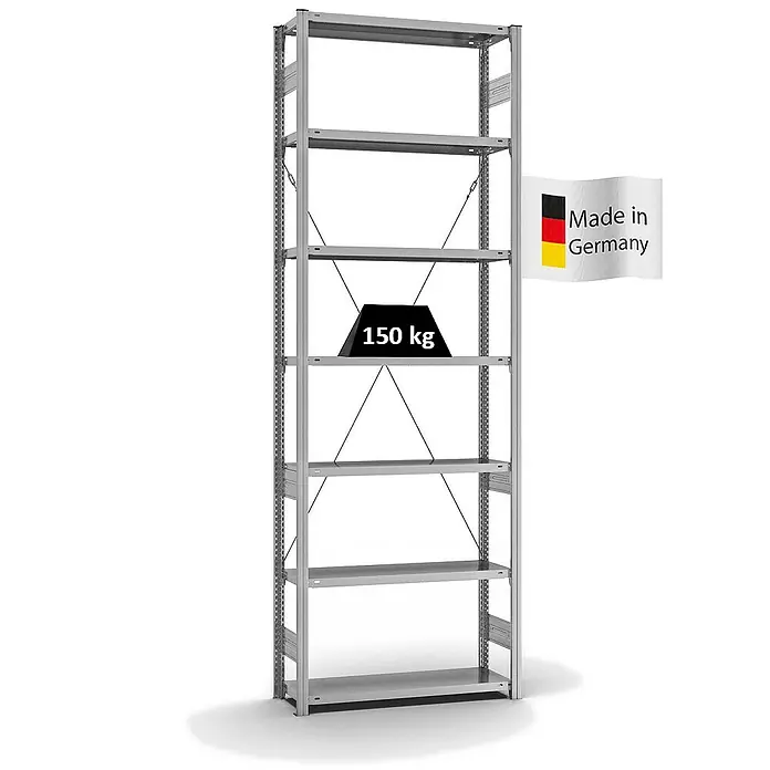 Proregal Metallregal MAGNUS Stecksystem - H x B x T: 300 x 100 x 30 cm, Traglast pro Boden: 150 kg, Anzahl Böden: 7 Stk., Stecken, Verzinkt