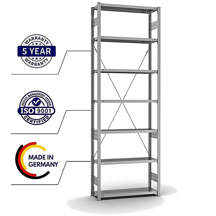 Proregal Metallregal MAGNUS Stecksystem - H x B x T: 300 x 100 x 30 cm, Traglast pro Boden: 150 kg, Anzahl Böden: 7 Stk., Stecken, Verzinkt