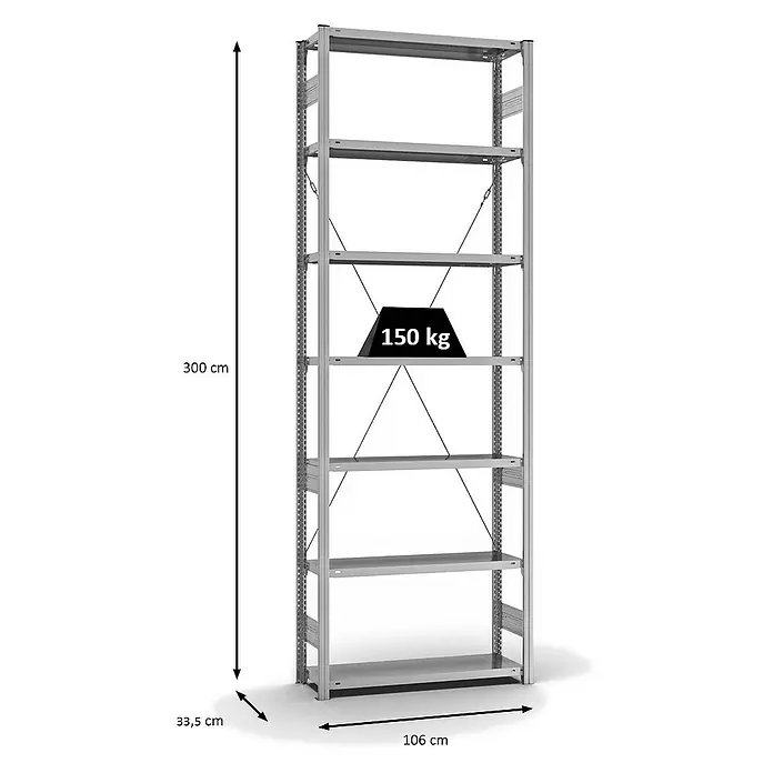 Proregal Metallregal MAGNUS Stecksystem - H x B x T: 300 x 100 x 30 cm, Traglast pro Boden: 150 kg, Anzahl Böden: 7 Stk., Stecken, Verzinkt