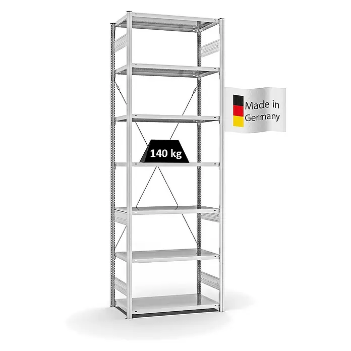 Proregal Metallregal MAGNUS Stecksystem - H x B x T: 300 x 100 x 50 cm, Traglast pro Boden: 140 kg, Anzahl Böden: 7 Stk., Stecken, Lichtgrau