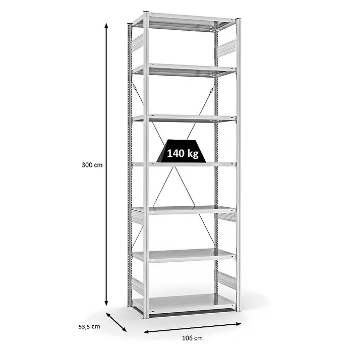 Proregal Metallregal MAGNUS Stecksystem - H x B x T: 300 x 100 x 50 cm, Traglast pro Boden: 140 kg, Anzahl Böden: 7 Stk., Stecken, Lichtgrau