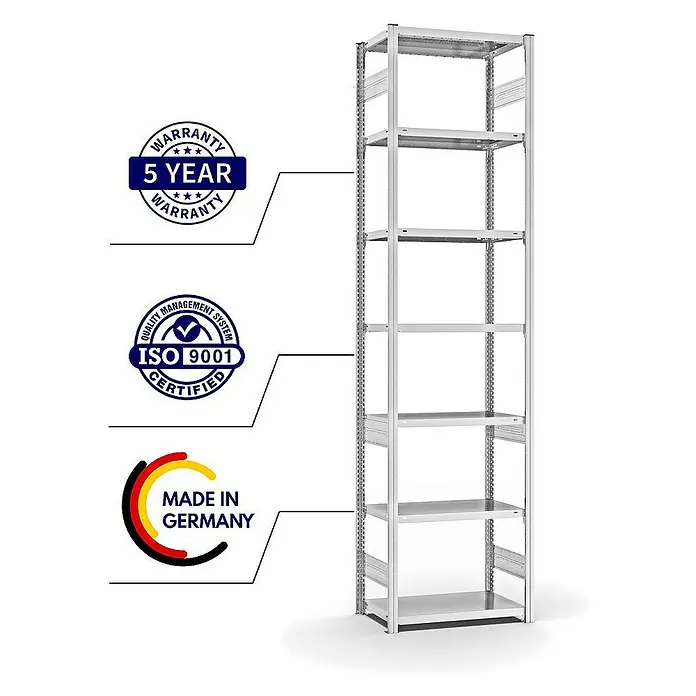Proregal Metallregal MAGNUS Stecksystem - H x B x T: 300 x 75 x 40 cm, Traglast pro Boden: 145 kg, Anzahl Böden: 7 Stk., Stecken, Lichtgrau