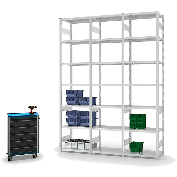Proregal Metallregal MAGNUS Stecksystem - H x B x T: 300 x 75 x 40 cm, Traglast pro Boden: 145 kg, Anzahl Böden: 7 Stk., Stecken, Lichtgrau