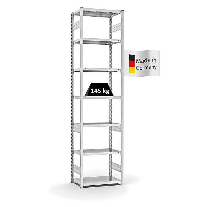 Proregal Metallregal MAGNUS Stecksystem - H x B x T: 300 x 75 x 40 cm, Traglast pro Boden: 145 kg, Anzahl Böden: 7 Stk., Stecken, Lichtgrau