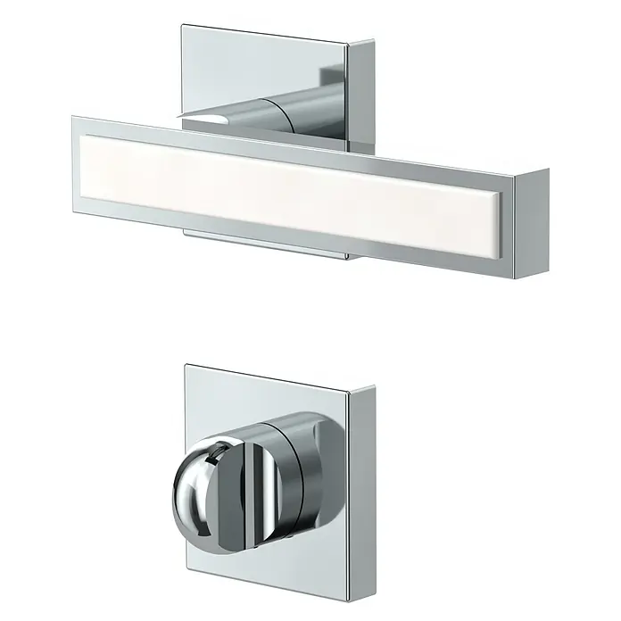 Diamond Doors Zimmertürgarnitur WC Tyler White - Chrom Weiß, Stärke Tür: 40 mm - 45 mm, Schlitzkopf/Olive - Modernes chromfarbenes Badarmatur-Set mit einer LED-Waschtischleuchte und einem passenden Wandventil für ein stilvolles Badezimmer.