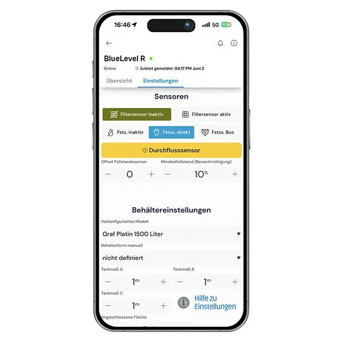 4rain Füllstandsmessgerät Bluelevel R - Passend für: 4rain Regenwassertanks - Smartphone-Screenshot der BlueLevel R-App mit Sensoreinstellungen und Behälterkonfigurationen für den Benutzer.