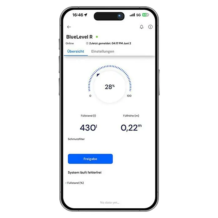 4rain Füllstandsmessgerät Bluelevel R - Passend für: 4rain Regenwassertanks - Smartphone-Screenshot der BlueLevel R App, die Füllstand, Füllhöhe und Filterstatus anzeigt.