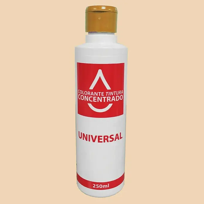 Colorante Concentrado universal - Ocre, 250 ml - Una botella blanca de tinta concentrada colorante UNIVERSAL, con un tapón dorado, sobre un fondo beige claro.