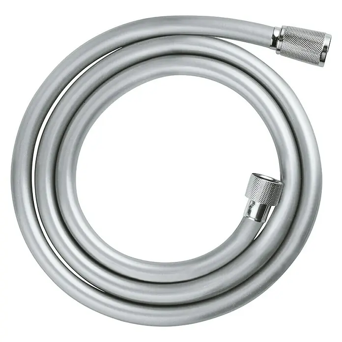 Grohe Brauseschlauch Vitalioflex Comfort - Länge: 150 cm, Anschlüsse: ½″, Chrom - Silberner Duschschlauch mit gerändelten Endstücken in kreisförmiger Anordnung auf weißem Grund.