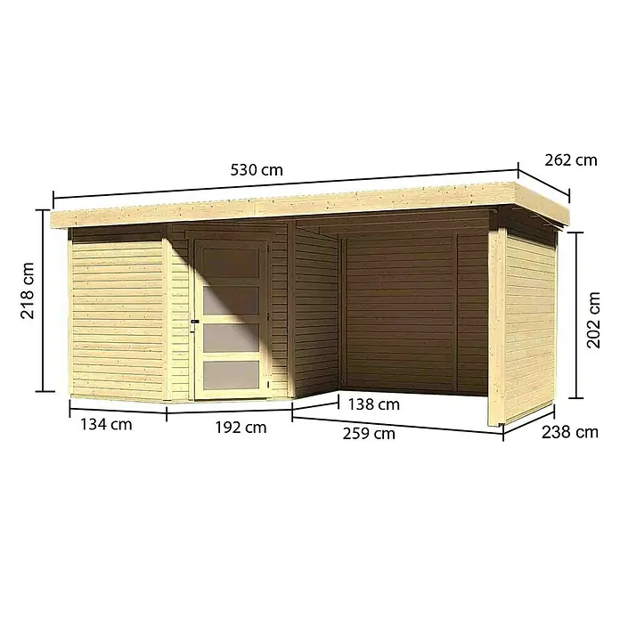 Karibu Gartenhaus Schwandorf 5 - Außenmaß inkl. Dachüberstand (B x T): 529,5 x 262 cm, Holz, Natur, Mit Anbaudach, Seiten- und Rückwand - Ansicht der Gartensauna mit ihren Abmessungen und Details, um einen umfassenden Überblick über ihre Größe und Bauweise zu bieten.