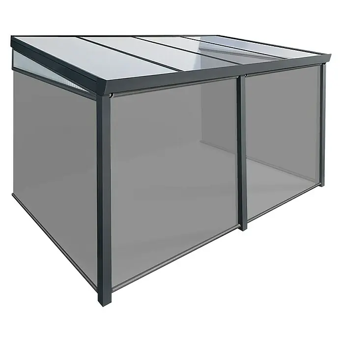 Gardendreams Terrassenüberdachung Gartenzimmer - B x T: 400 x 304,5 cm, Anthrazitgrau, Polycarbonat, Opal - Bild eines modernen Terrassenüberdachung mit grauen Rahmen und durchsichtigen Seitenteilen. Der Überdachung bietet Schutz und spendet Schatten.
