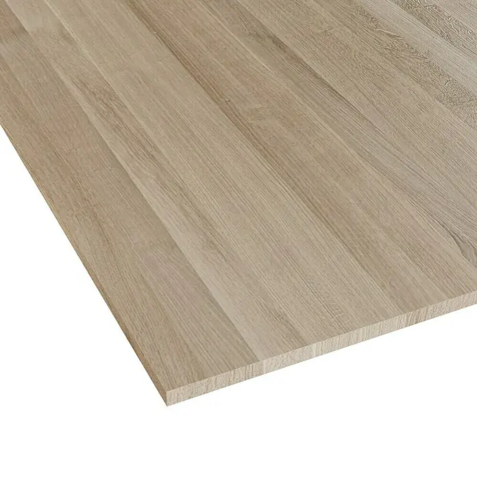 Leimholzplatte - Eiche, Qualitätsstufe Leimholzplatte: A/B, 1.800 x 1.210 x 19 mm - Bild einer hellen Holzplatte mit Maserung. Ideal für Möbelbau und Innenausbau, die eine natürliche Holzoptik wünschen.