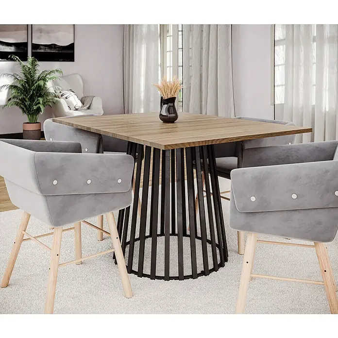 Leimholzplatte - Eiche, Qualitätsstufe Leimholzplatte: A/B, 900 x 1.210 x 26 mm - Nahaufnahme eines modernen Esszimmersets mit einem Holztisch und grauen Stühlen, das ein stilvolles Ambiente für Mahlzeiten bietet.