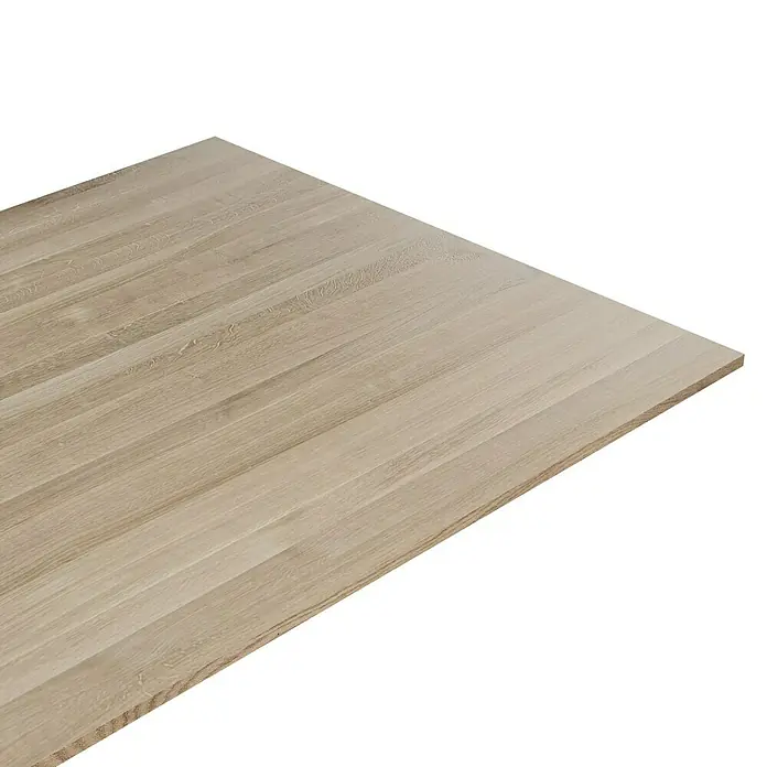 Leimholzplatte - Eiche, Qualitätsstufe Leimholzplatte: A/B, 1.800 x 1.210 x 19 mm - Das Bild zeigt ein Musterstück helle Landhausdielen aus Eichenholz, ideal für moderne Wohnräume mit natürlicher Optik und angenehmer Haptik.