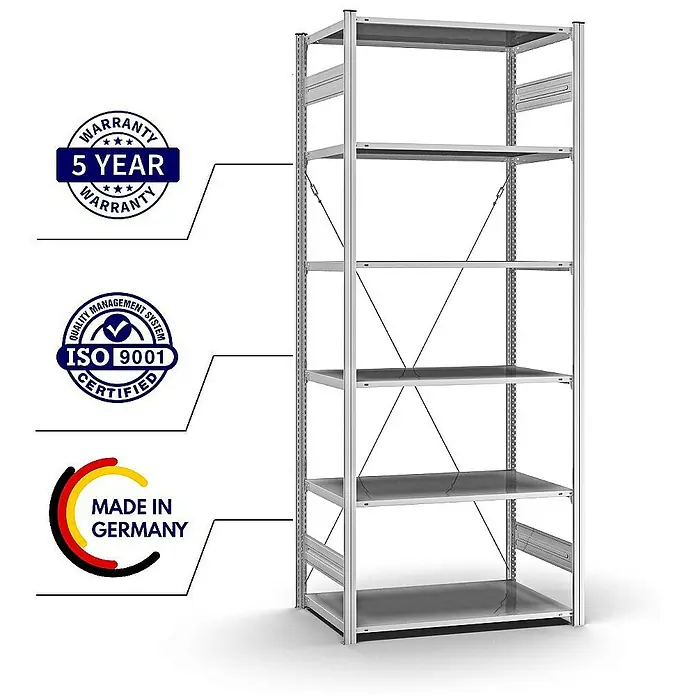 Proregal Metallregal MAGNUS Stecksystem - H x B x T: 250 x 100 x 60 cm, Traglast pro Boden: 125 kg, Anzahl Böden: 6 Stk., Stecken, Verzinkt