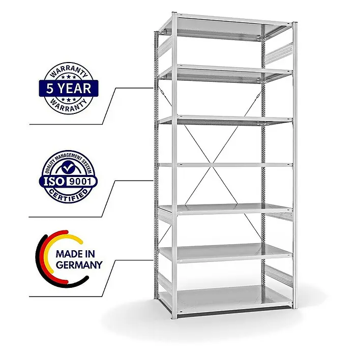 Proregal Metallregal MAGNUS Stecksystem - H x B x T: 300 x 130 x 80 cm, Traglast pro Boden: 190 kg, Anzahl Böden: 7 Stk., Stecken, Lichtgrau