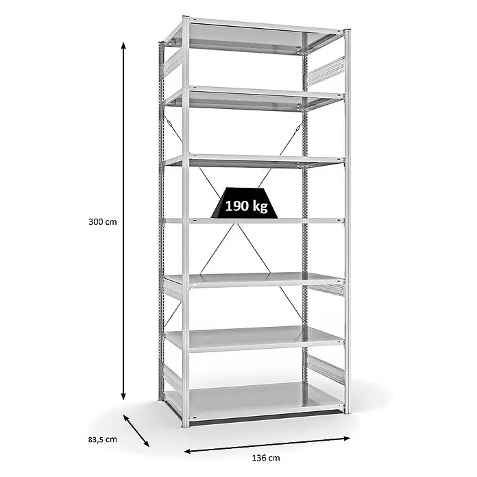 Proregal Metallregal MAGNUS Stecksystem - H x B x T: 300 x 130 x 80 cm, Traglast pro Boden: 190 kg, Anzahl Böden: 7 Stk., Stecken, Lichtgrau