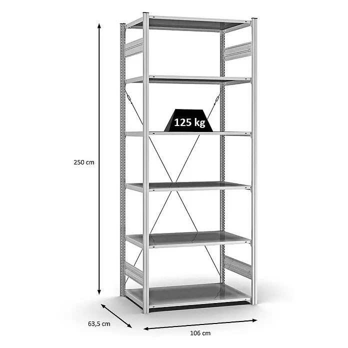 Proregal Metallregal MAGNUS Stecksystem - H x B x T: 250 x 100 x 60 cm, Traglast pro Boden: 125 kg, Anzahl Böden: 6 Stk., Stecken, Verzinkt