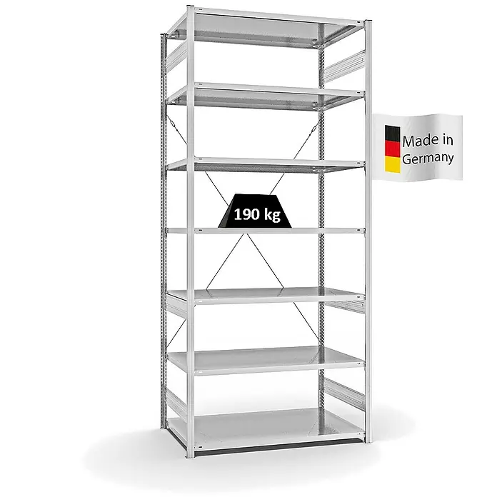 Proregal Metallregal MAGNUS Stecksystem - H x B x T: 300 x 130 x 80 cm, Traglast pro Boden: 190 kg, Anzahl Böden: 7 Stk., Stecken, Lichtgrau
