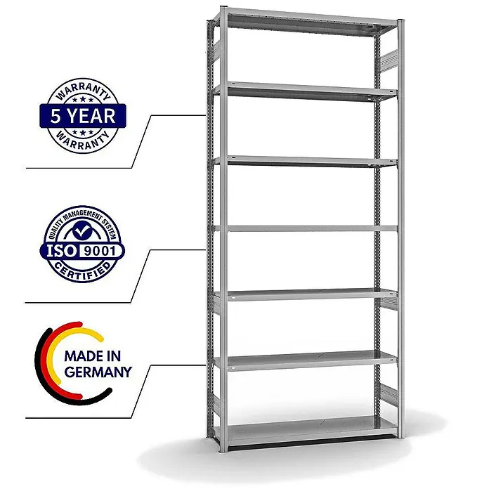 Proregal Metallregal MAGNUS Stecksystem - H x B x T: 300 x 130 x 40 cm, Traglast pro Boden: 180 kg, Anzahl Böden: 7 Stk., Stecken, Verzinkt