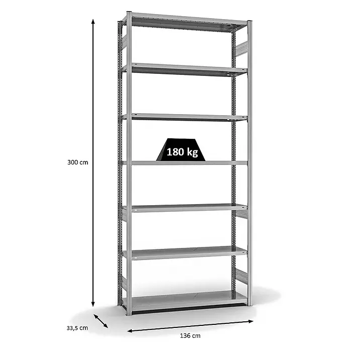 Proregal Metallregal MAGNUS Stecksystem - H x B x T: 300 x 130 x 40 cm, Traglast pro Boden: 180 kg, Anzahl Böden: 7 Stk., Stecken, Verzinkt