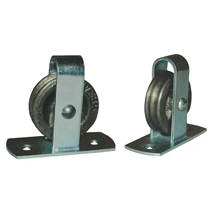 HBS Betz Seilrolle - Typ: Stehrolle, Grauguss, Traglast: 10 kg, Durchmesser: 40 mm, 2 Stk. - Zwei Metallscheiben mit Rollen und Befestigungslöchern.
