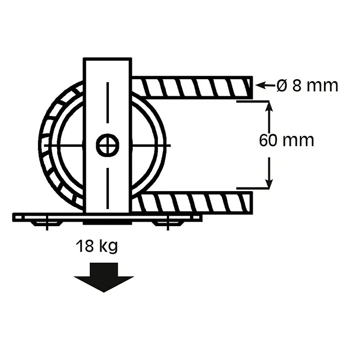 HBS Betz Seilrolle - Typ: Stehrolle, Grauguss, Traglast: 18 kg, Durchmesser: 60 mm, 1 Stk. - Schemazeichnung eines Rollapparats mit Angaben zu Tragkraft (18kg) und Abmessungen (ø8 mm, 60 mm).