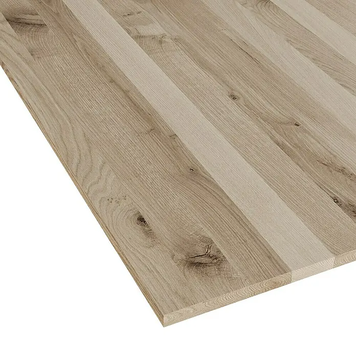 Leimholzplatte Wildeiche - Eiche, Qualitätsstufe Leimholzplatte: B/C, 900 x 1.210 x 19 mm - Nahaufnahme einer hellen, verleimten Holzplatte mit natürlicher Maserung und astfreien Bereichen, ideal für Möbelbau und Innenausbau.