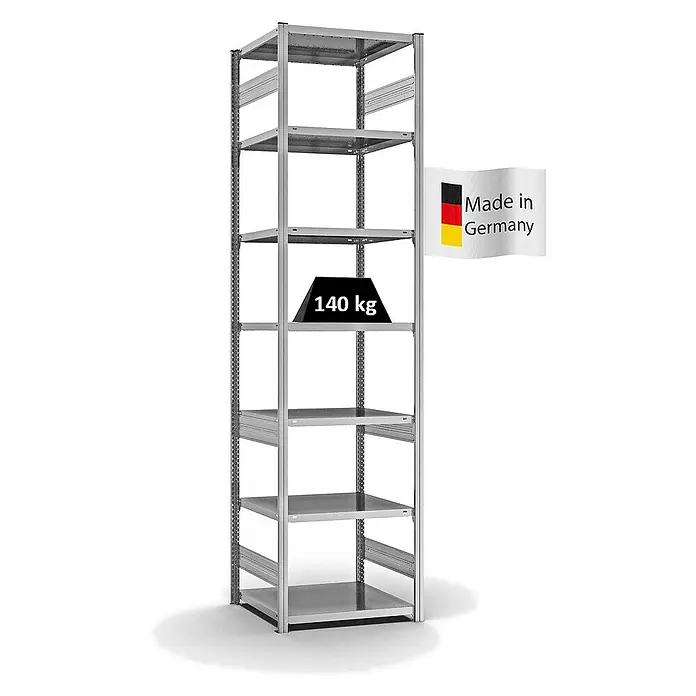 Proregal Metallregal MAGNUS Stecksystem - H x B x T: 300 x 75 x 60 cm, Traglast pro Boden: 140 kg, Anzahl Böden: 7 Stk., Stecken, Verzinkt