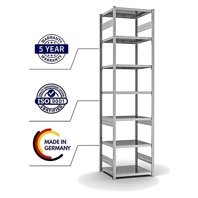 Proregal Metallregal MAGNUS Stecksystem - H x B x T: 300 x 75 x 60 cm, Traglast pro Boden: 140 kg, Anzahl Böden: 7 Stk., Stecken, Verzinkt