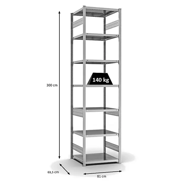 Proregal Metallregal MAGNUS Stecksystem - H x B x T: 300 x 75 x 60 cm, Traglast pro Boden: 140 kg, Anzahl Böden: 7 Stk., Stecken, Verzinkt
