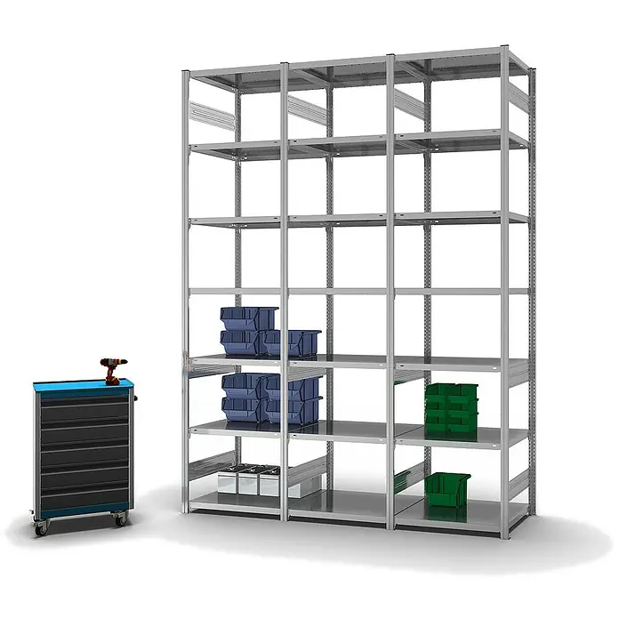 Proregal Metallregal MAGNUS Stecksystem - H x B x T: 300 x 75 x 60 cm, Traglast pro Boden: 140 kg, Anzahl Böden: 7 Stk., Stecken, Verzinkt