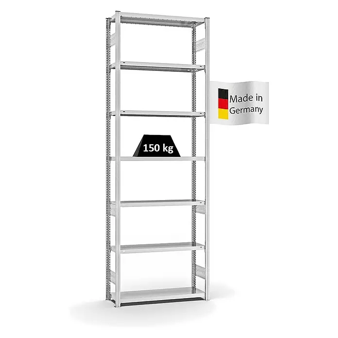 Proregal Metallregal MAGNUS Stecksystem - H x B x T: 300 x 100 x 30 cm, Traglast pro Boden: 150 kg, Anzahl Böden: 7 Stk., Stecken, Lichtgrau