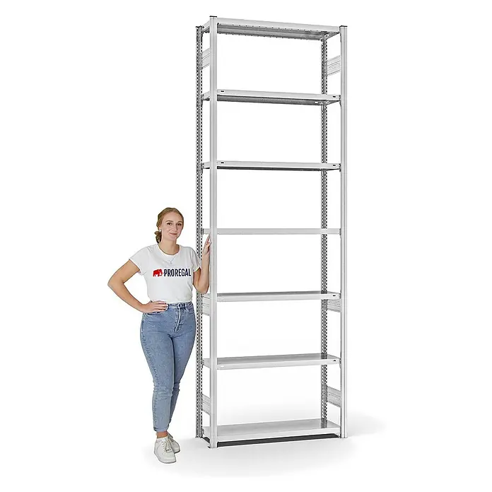 Proregal Metallregal MAGNUS Stecksystem - H x B x T: 300 x 100 x 30 cm, Traglast pro Boden: 150 kg, Anzahl Böden: 7 Stk., Stecken, Lichtgrau